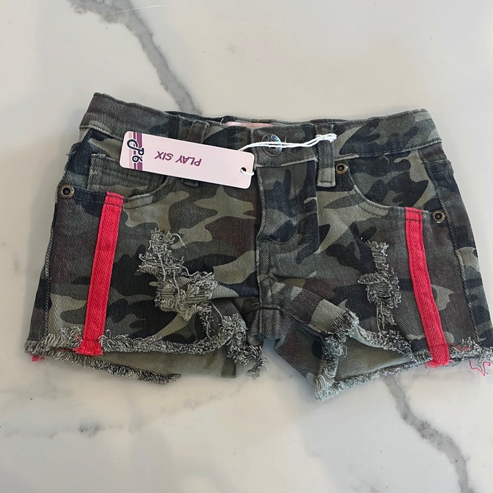 Brand new with tags play six camouflage denim shorts with red stripe size 5